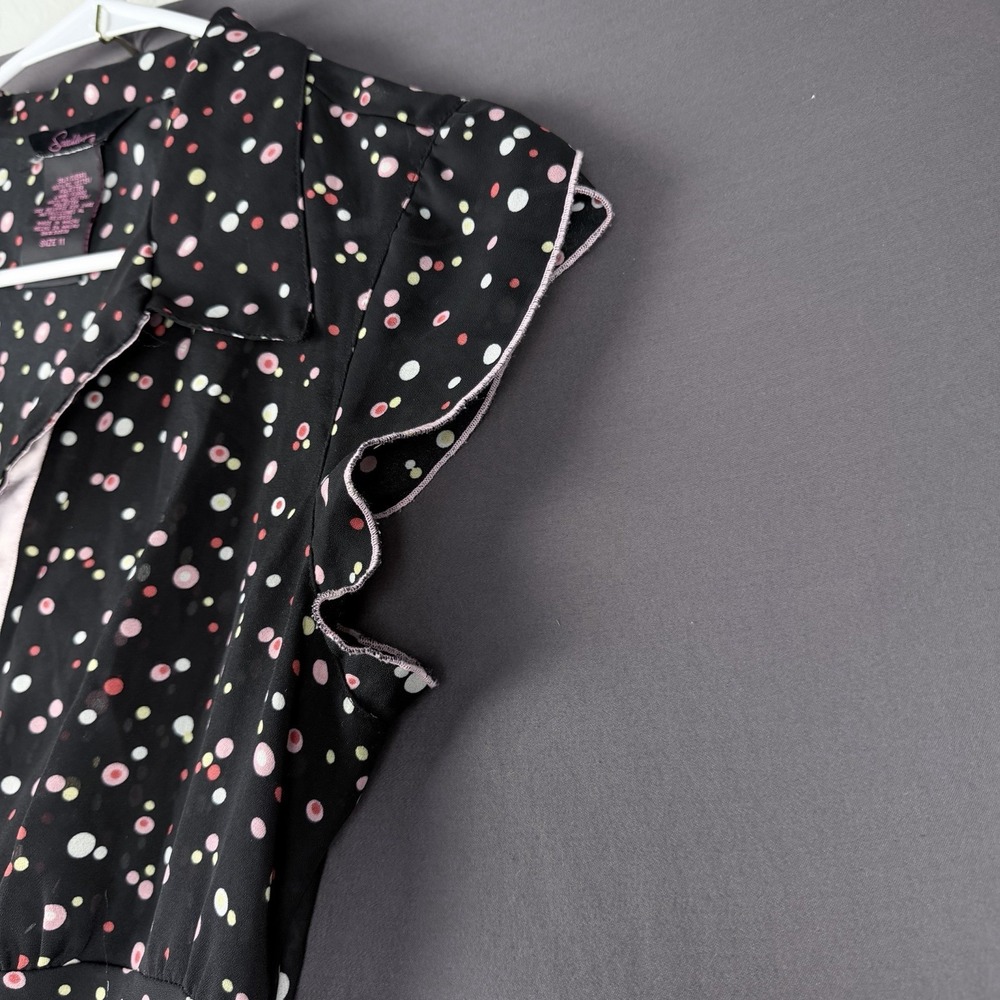Speechless 11 A-Line Dress Black Polka Dot Ruffle Flutter Sleeve Collared - Picture 4 of 13